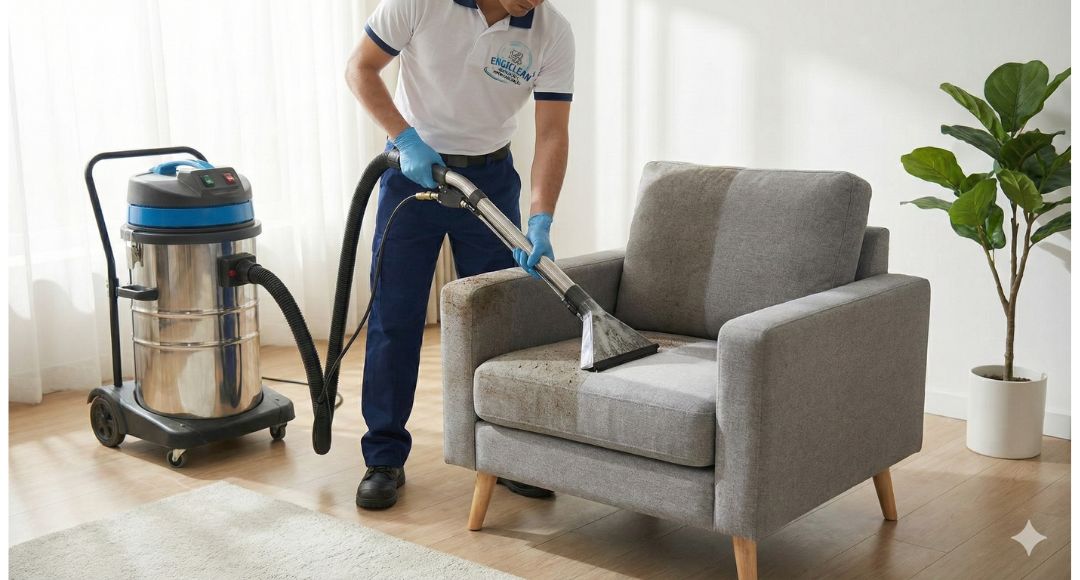 Higienização de poltrona com equipamento profissional